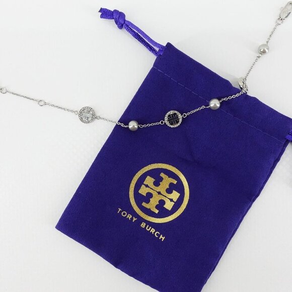 Tory Burch Crystal Logo & Imitation Pearl Station Bracelet Silver OS - Picture 4 of 15